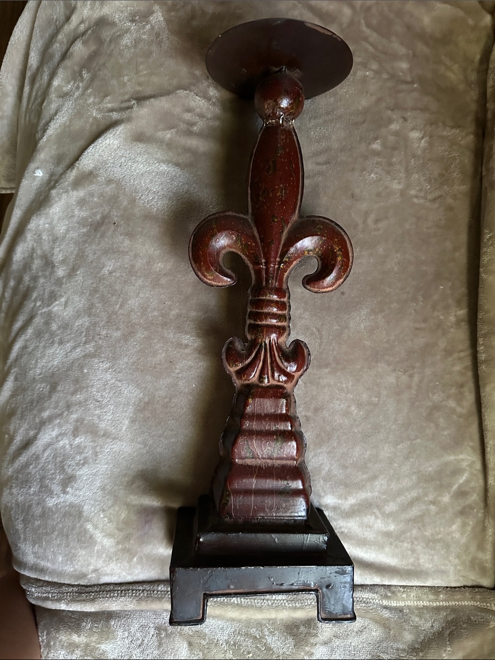 Decorative Fleur-de-Lis Wooden Candle Holder in Dark Brown